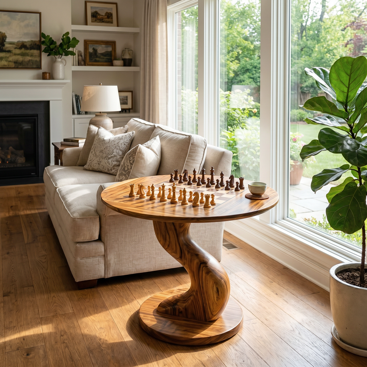 Handcrafted Round Solid Wood Chess Table with Twisted Pedestal Base