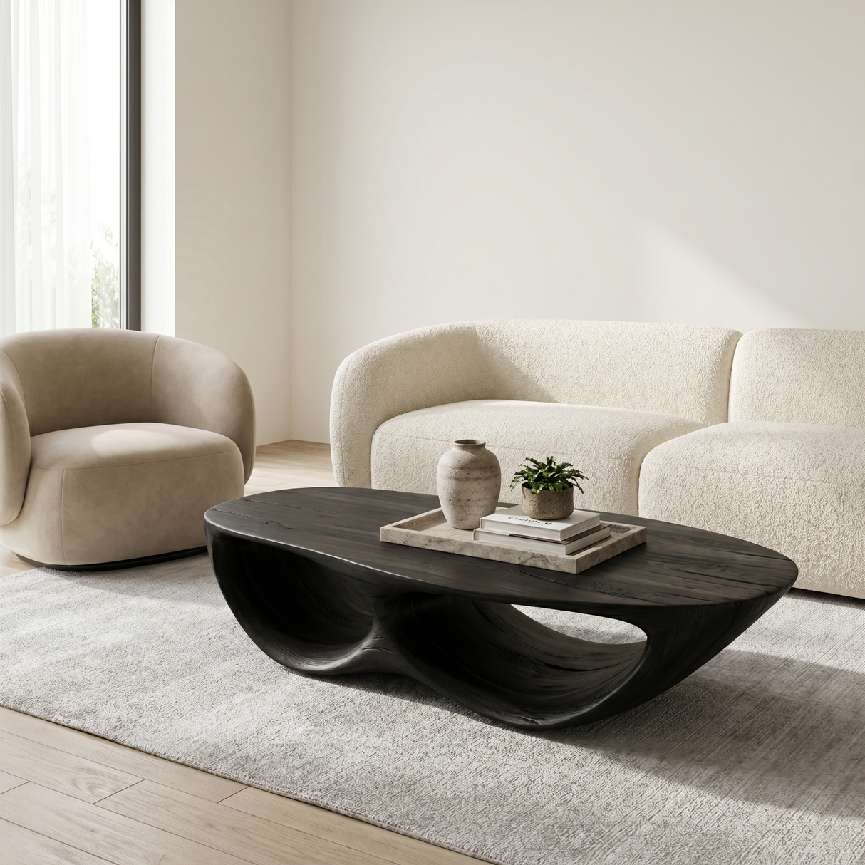 Solid Wood Coffee Table with Double Curved Hollow Base for Living Room