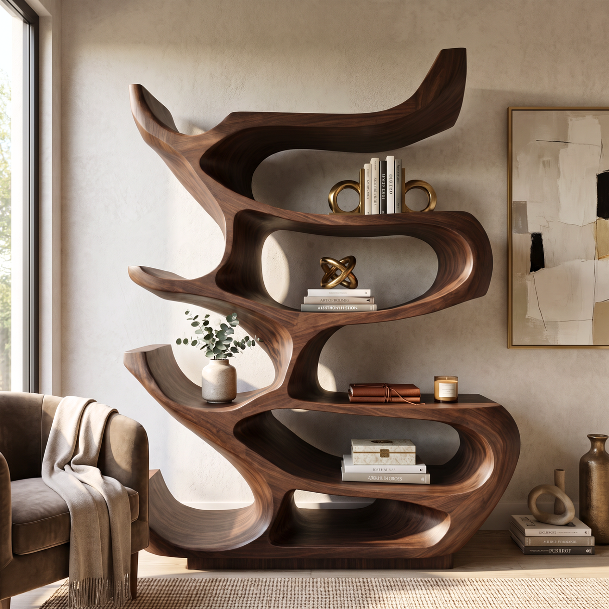 Bookshelf Solid Wood with Sculptural Organic Loop Shelves