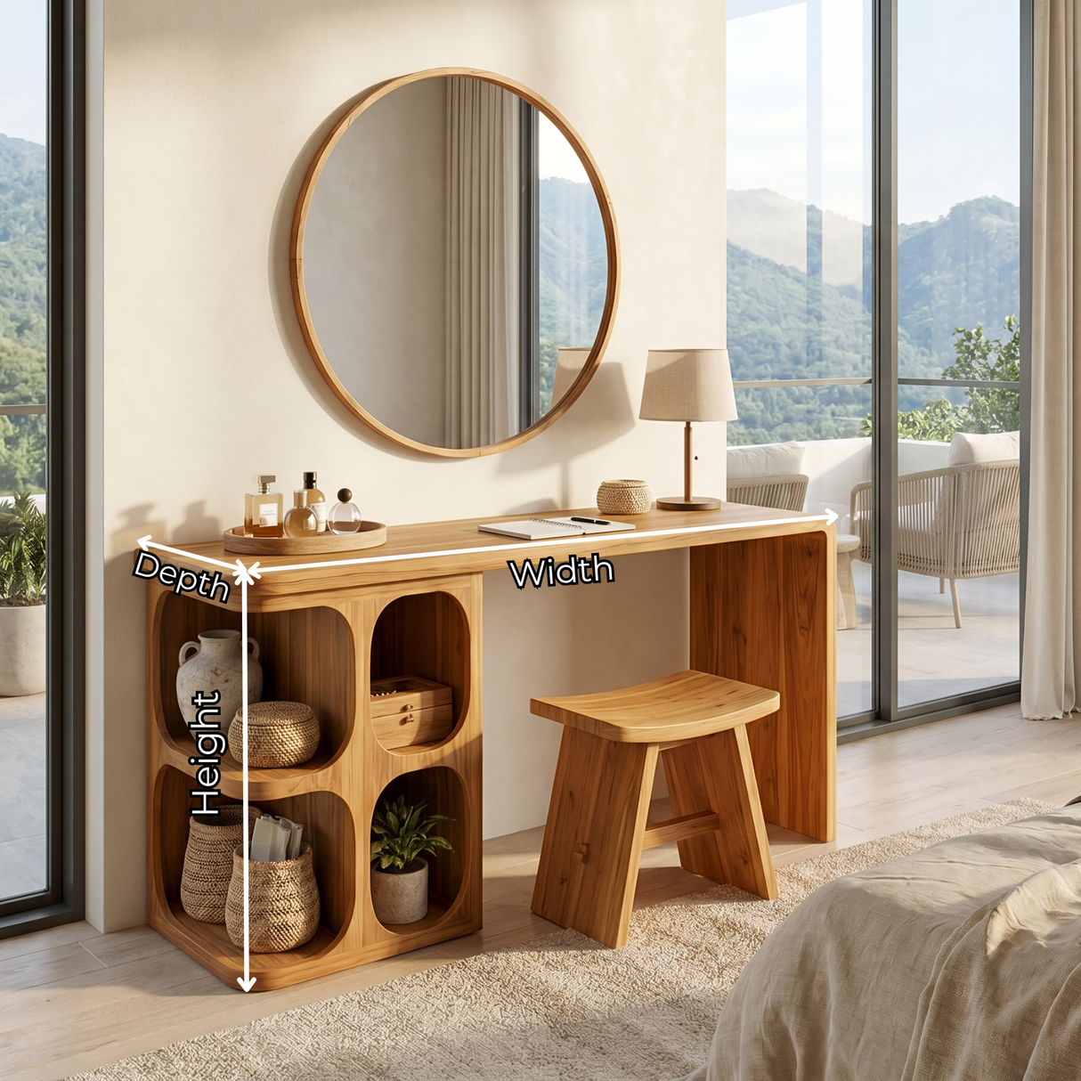 Organic Solid Wood Vanity Desk with Rounded Cubby Storage and Waterfall Panel