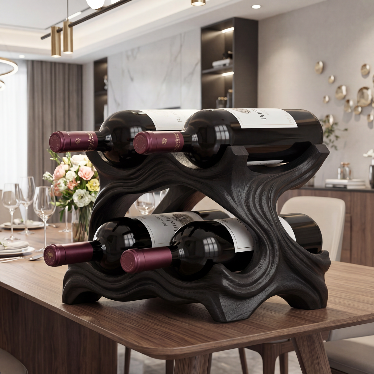 Sculptural Solid Wood Wine Rack Organic Carved Bottle Holder Modern Tabletop Display