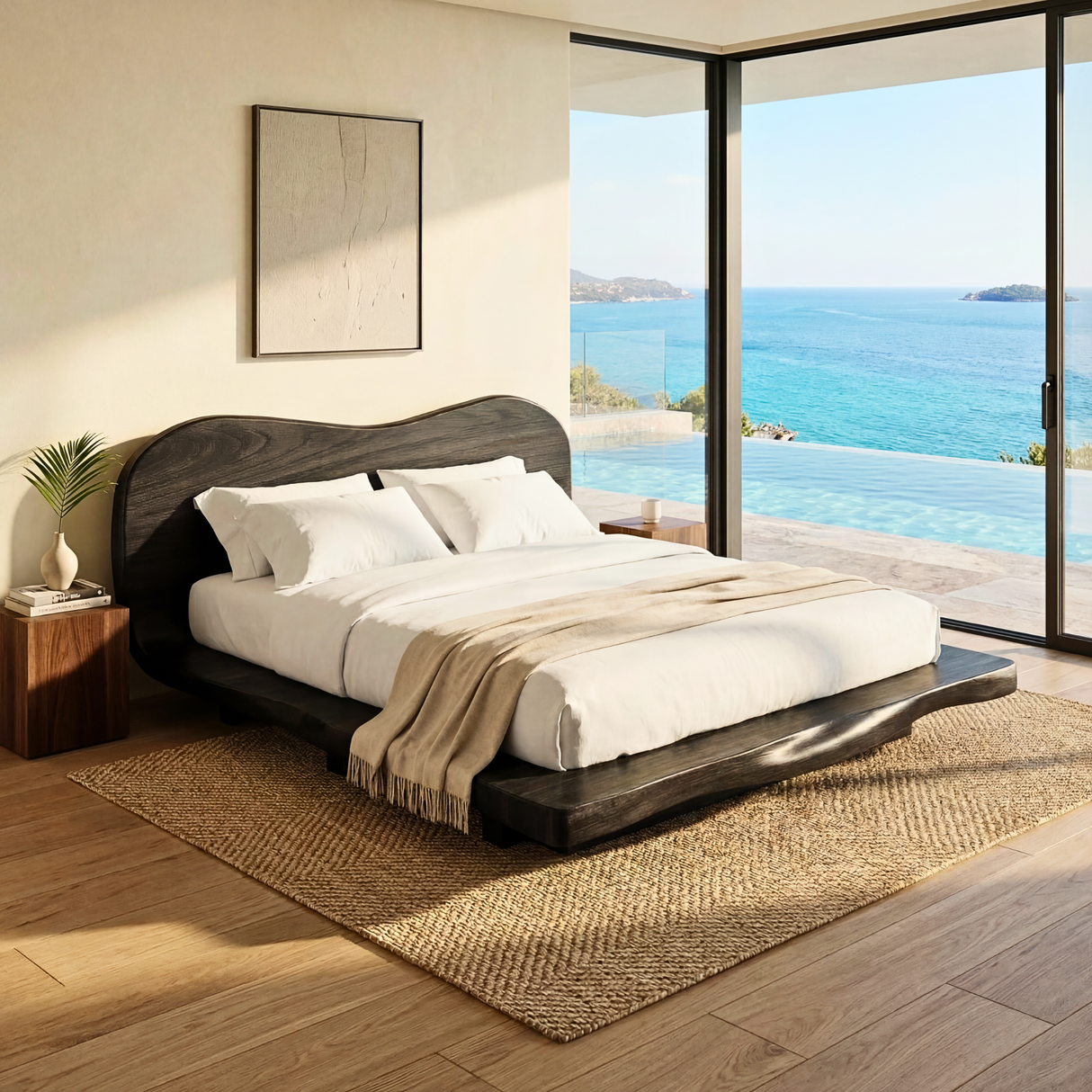 Handcrafted Solid Wood Bed with Curved Organic Headboard and Low Platform Base