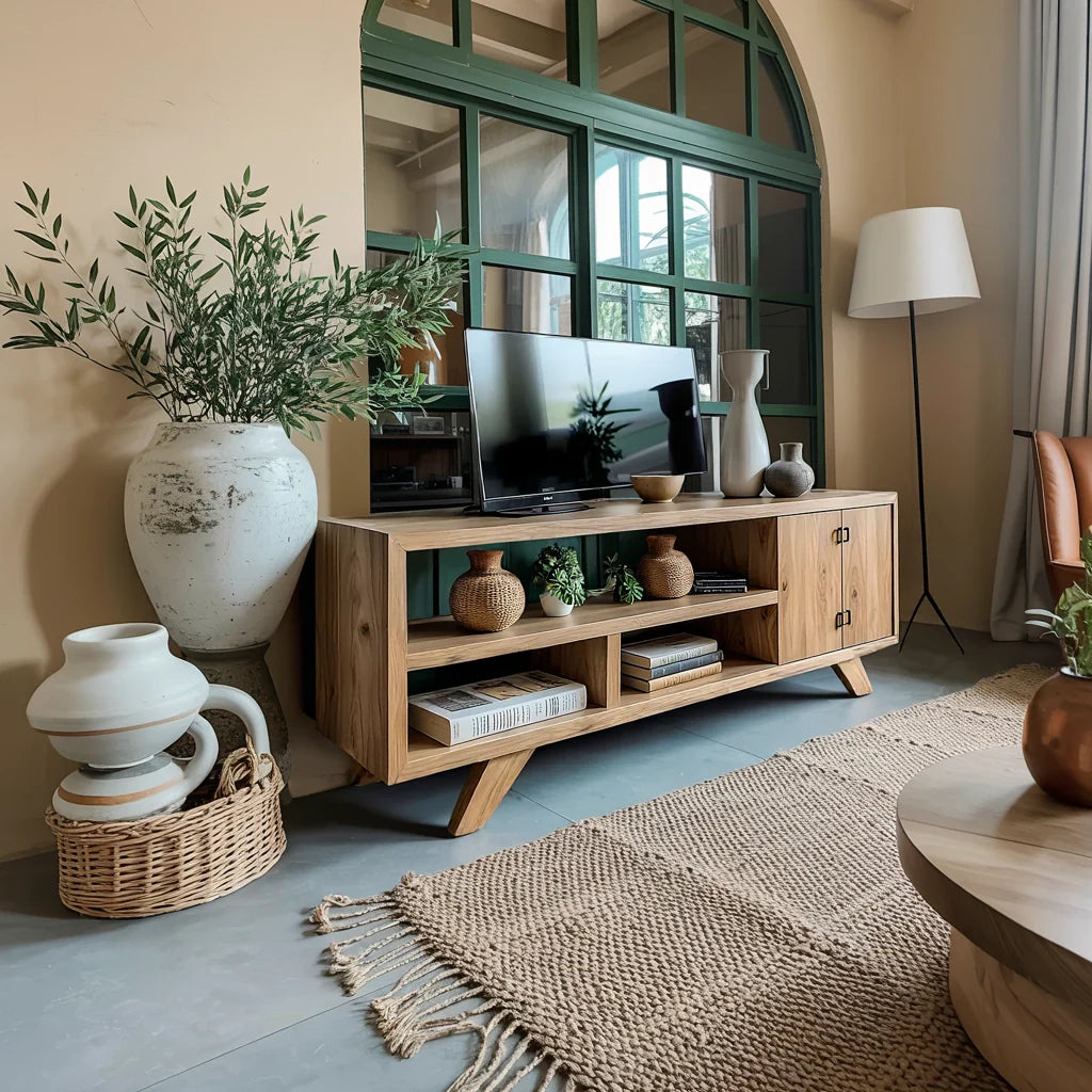 Solid Wood Media Console with Open Shelving and Minimalist Form
