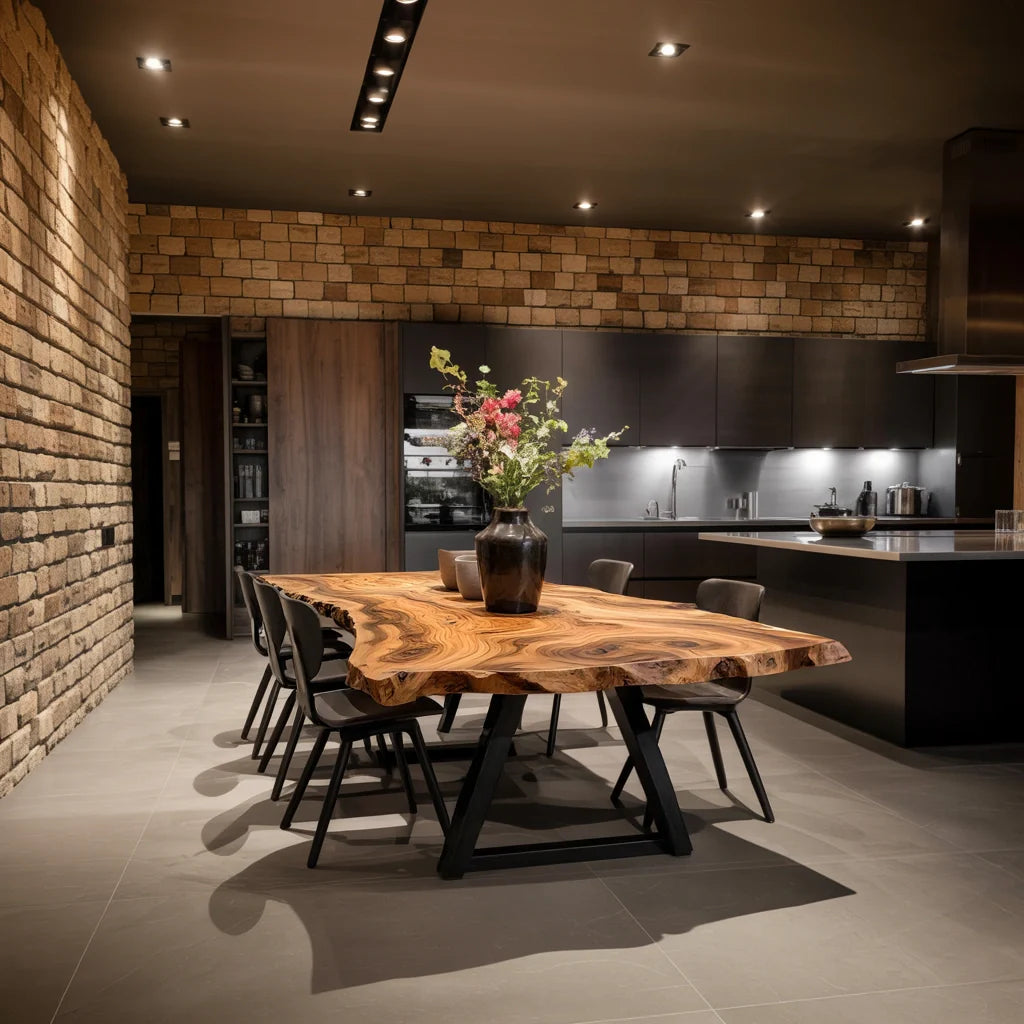 Live Edge Solid Wood Dining Table with Sculptural X Base for Modern Homes