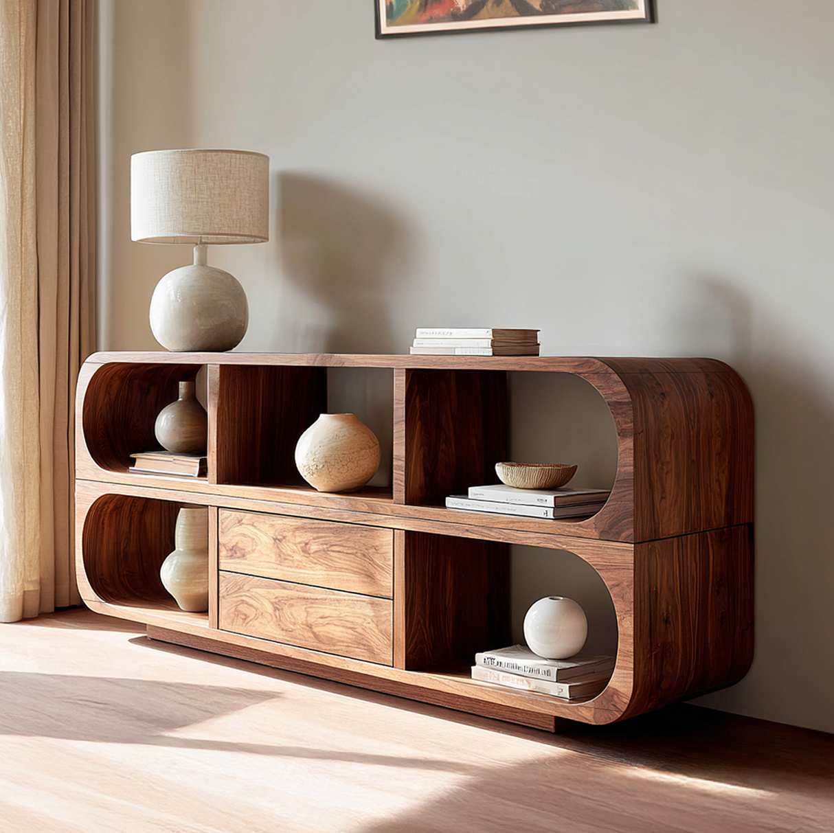 Japandi Solid Wood Sideboard with Curved Edges Modern Console Cabinet with Open Shelves and Drawer Storage for Living Room