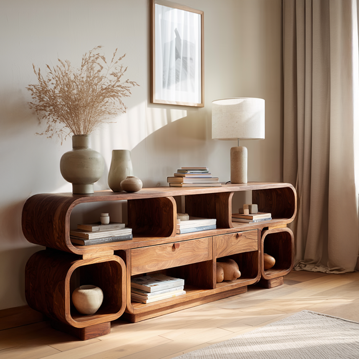 Living Room Sideboard Solid Wood Sideboard Modern Organic Wooden Credenza Curved Open Shelf Buffet Cabinet Sculptural Storage Console Natural Wood