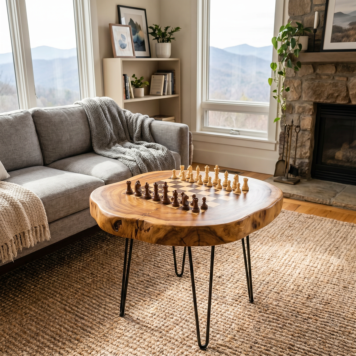Round Solid Wood Chess Coffee Table with Organic Edge and Hairpin Legs