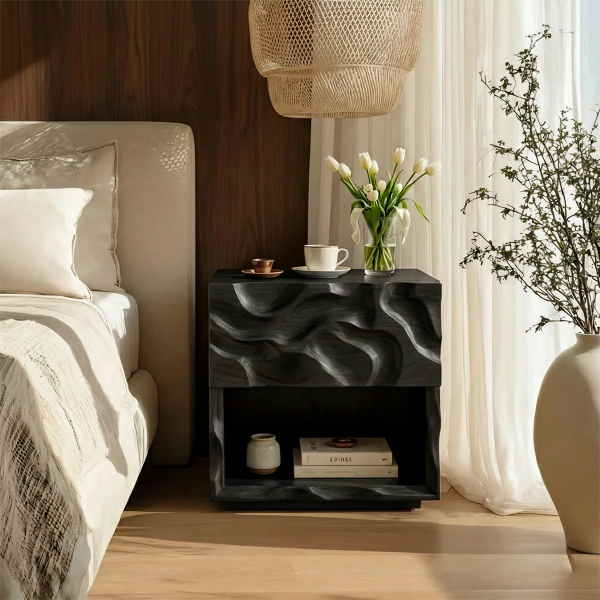 Modern Solid Wood Nightstand with Sculpted Wave Front