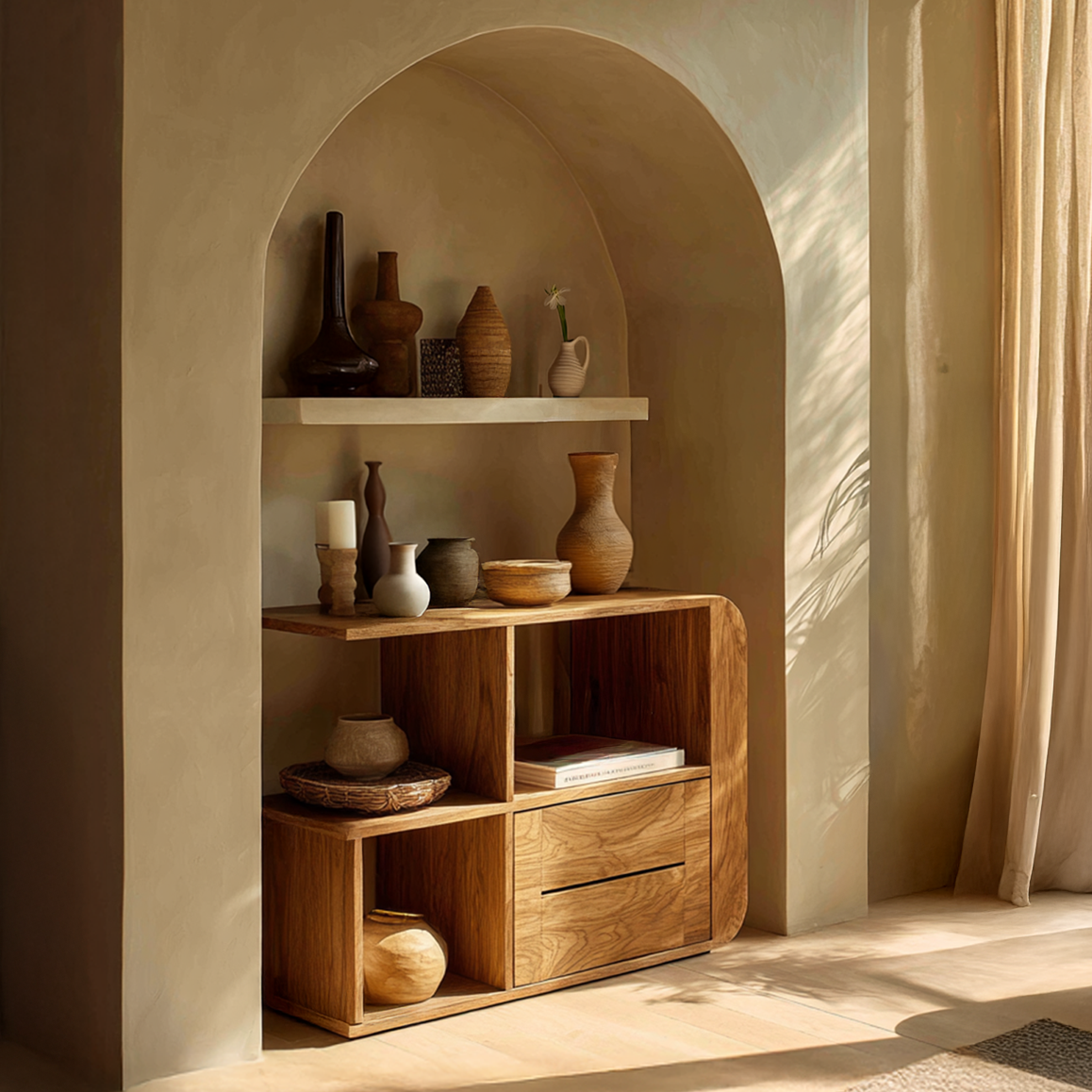 Modern Japandi Solid Wood Sideboard Open Shelf Wooden Credenza Minimalist Buffet Cabinet Natural Living Room Storage