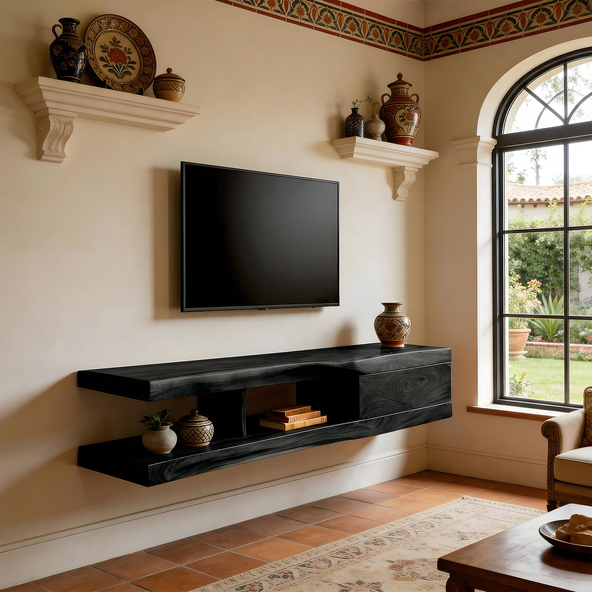 Floating Live Edge Wood TV Console with Drawer