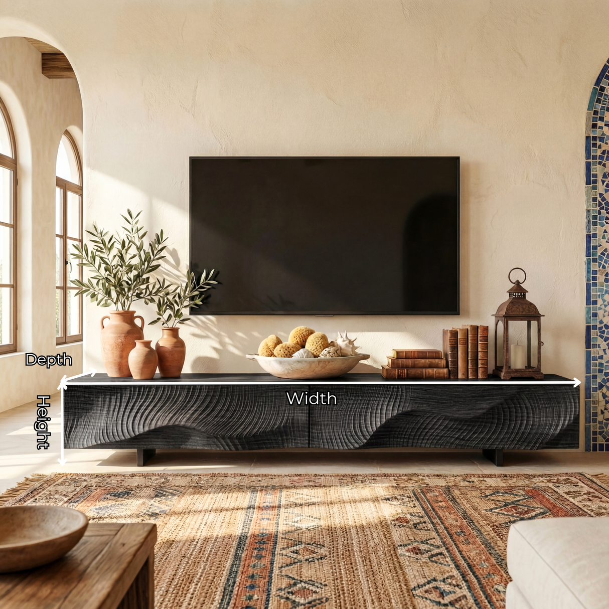 Architectural Wood TV Cabinet with Flowing Relief Front