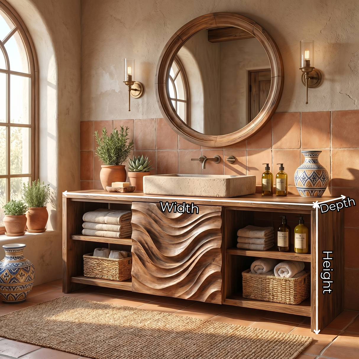 Solid Wood Bathroom Vanity with Wave Carved Center Panel and Open Shelf Storage