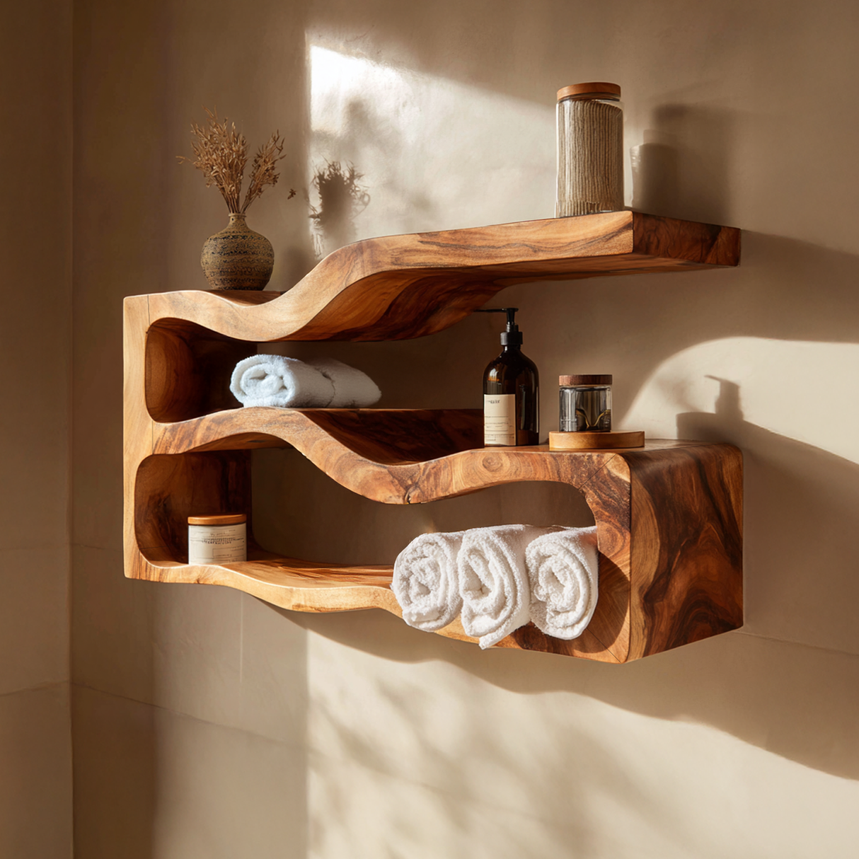 Sculptural Floating Wood Bathroom Shelf Unit