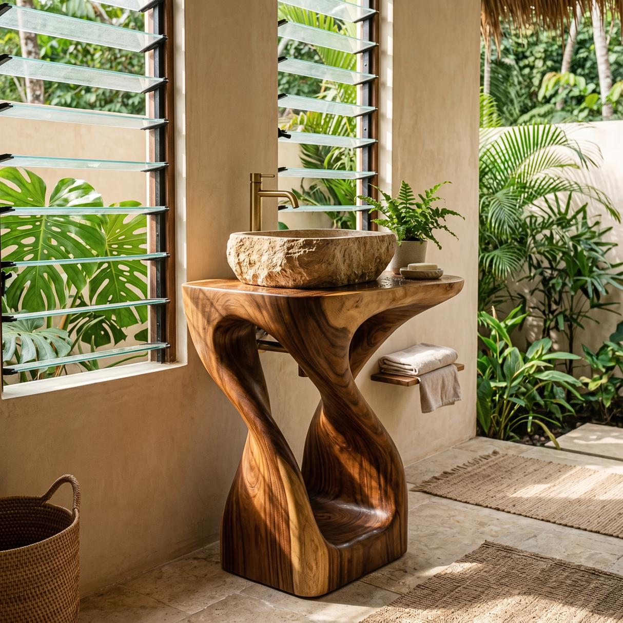 Organic Twisted Solid Wood Pedestal Sink Vanity with Sculptural Flow Form