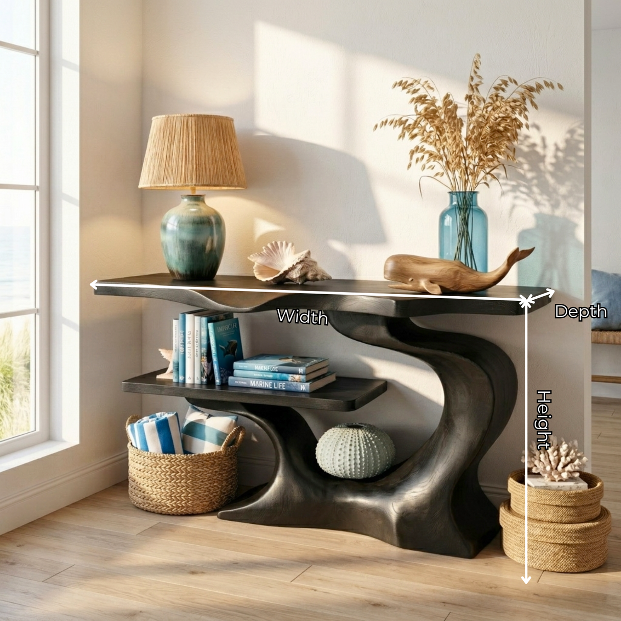 Sculptural Solid Wood Console Table with Open Shelf, Organic Modern Entryway Table