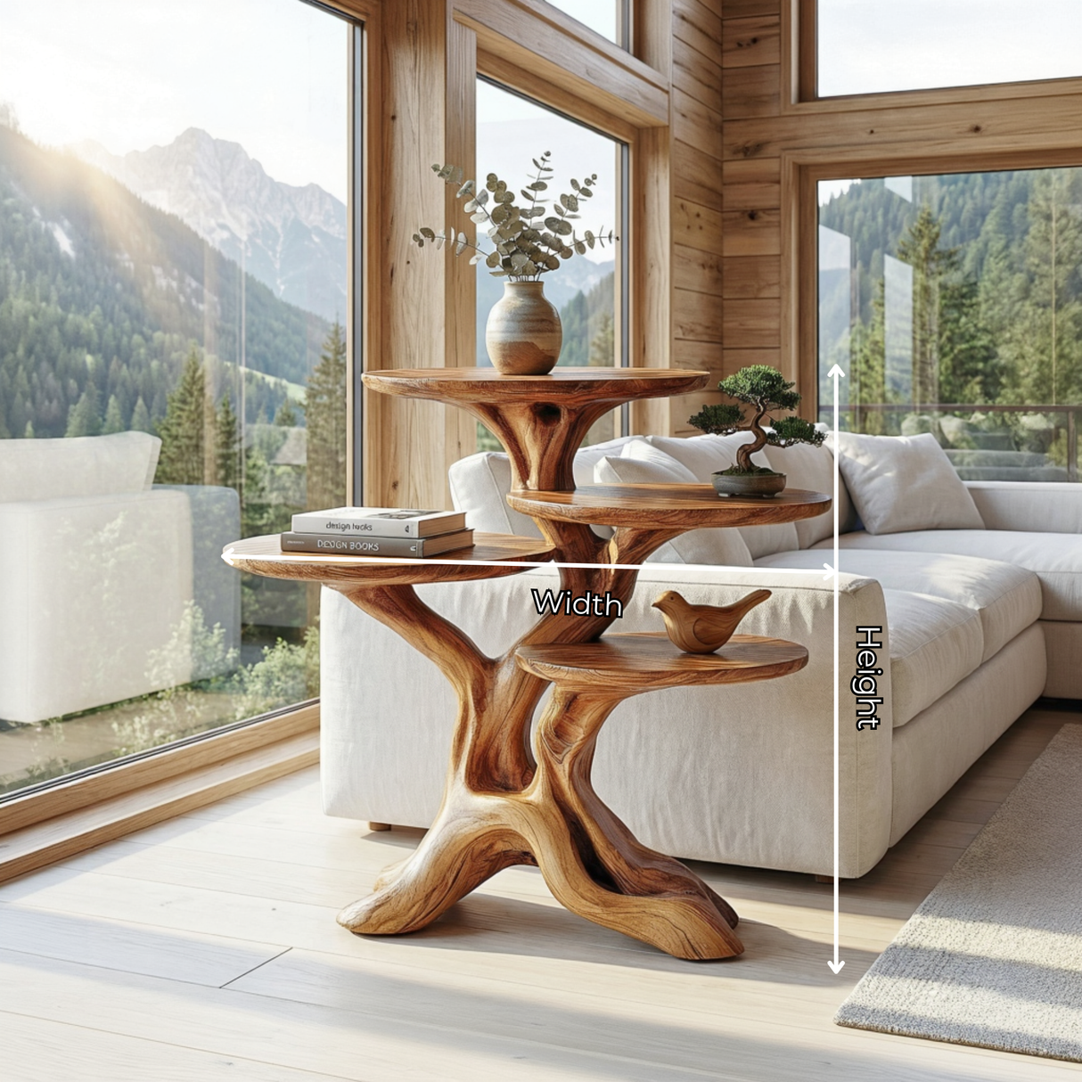 Branch Form Four Tier Wood Accent Table with Sculptural Root Base