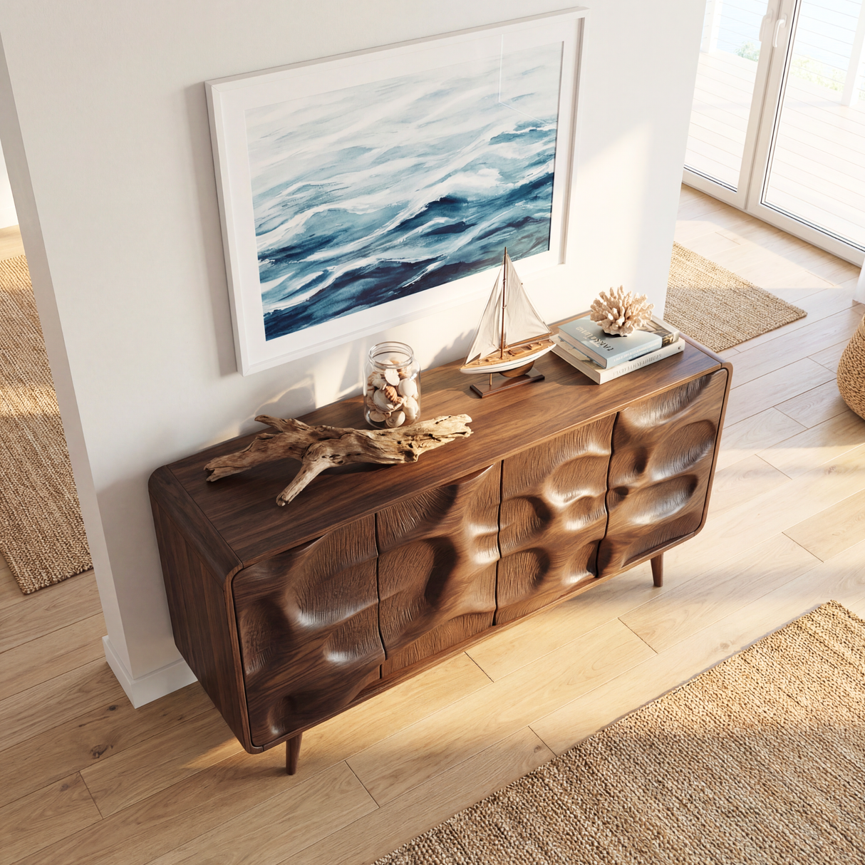 Organic Carved Front Solid Wood Sideboard Cabinet for Living and Dining Rooms