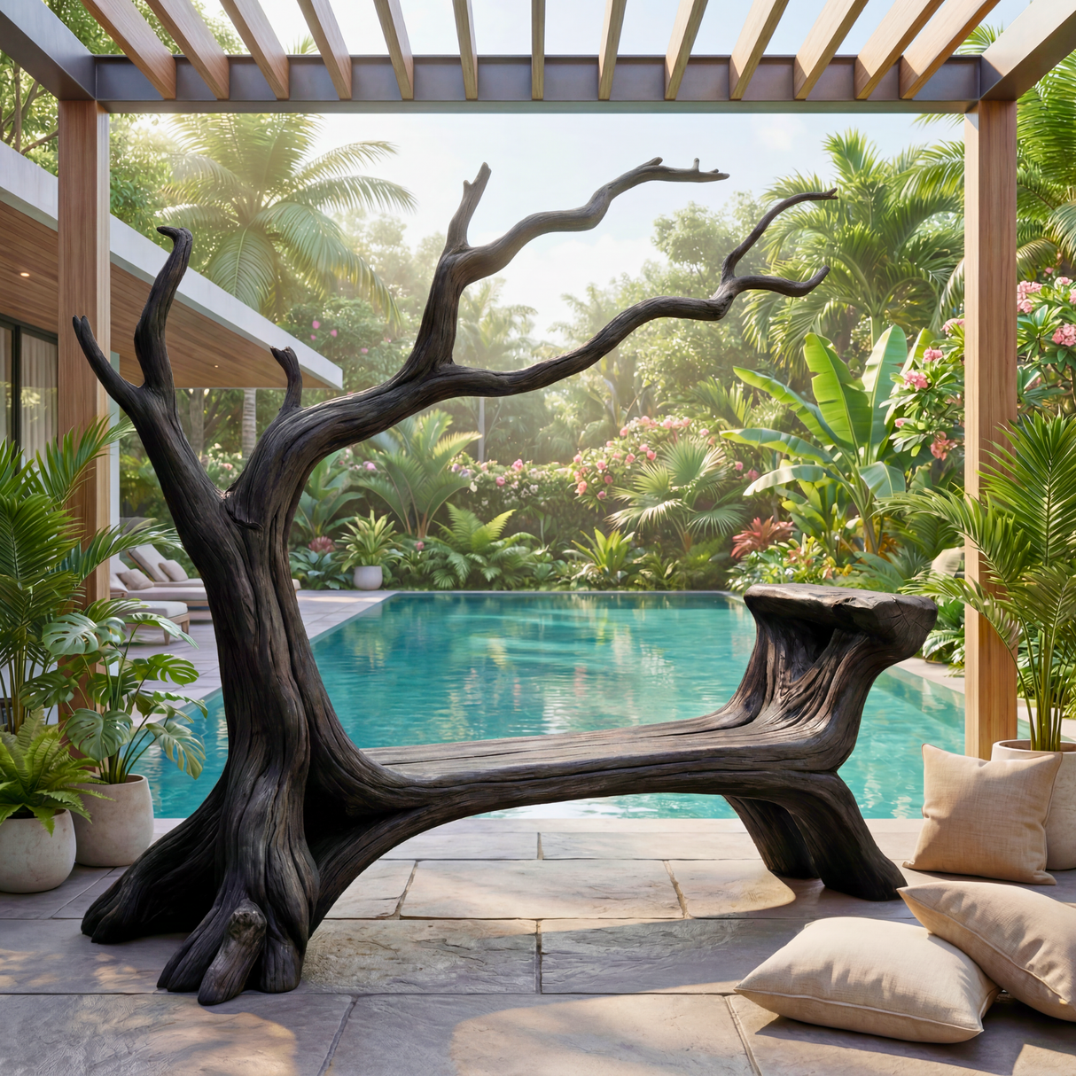 Handmade Natural Tree Wooden Bench Sculpture
