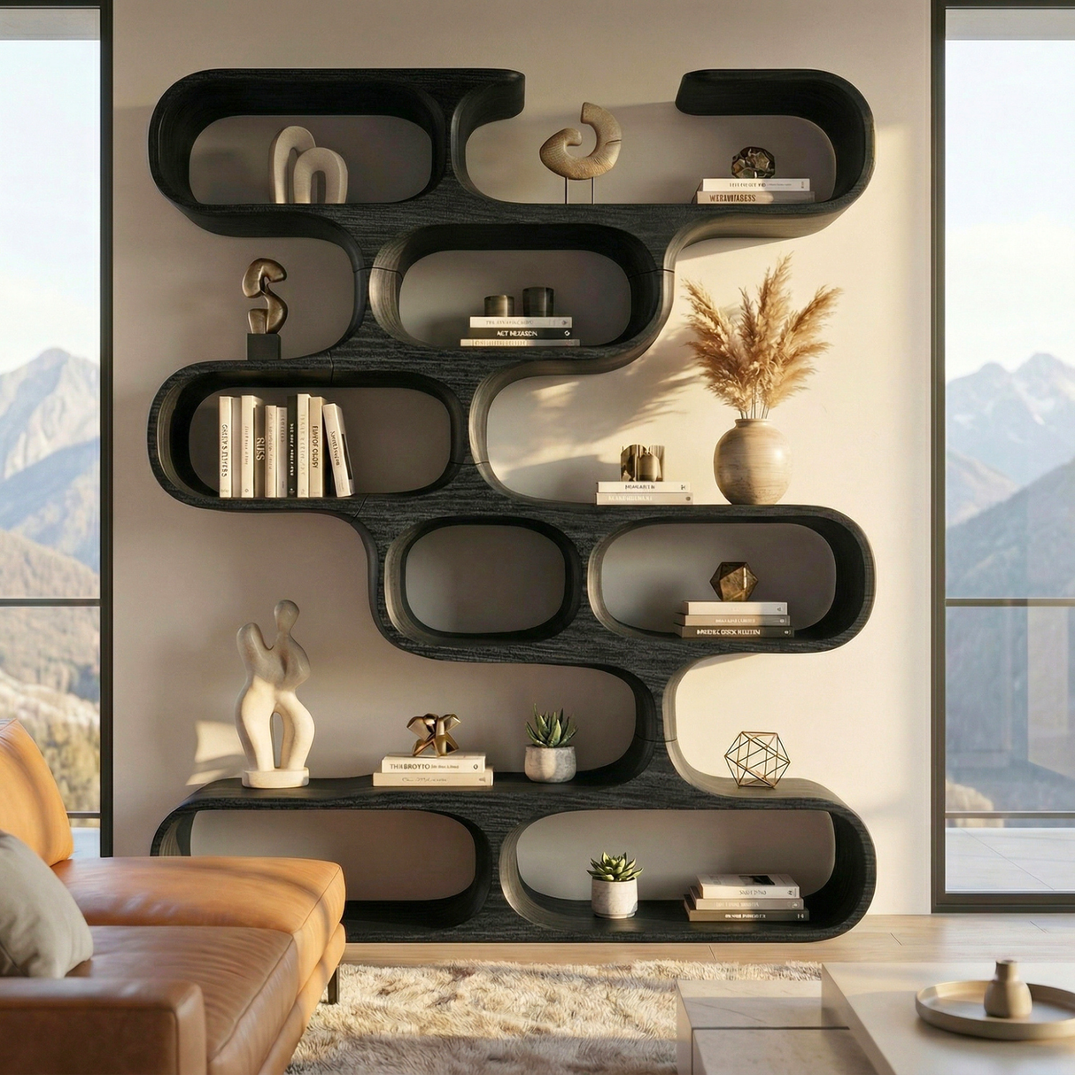 Handcrafted Solid Wood Organic Bookcase with Curved Open Display Shelves