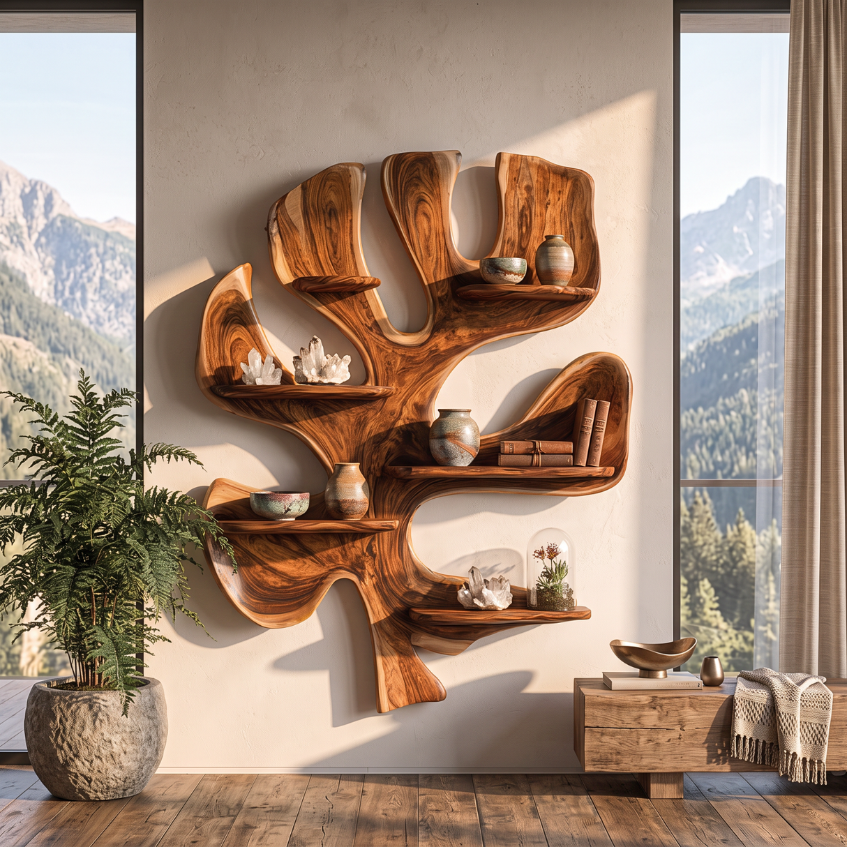 Solid Wood Tree Wall Shelf Sculpture, Organic Wall Mounted Display Shelf Decor
