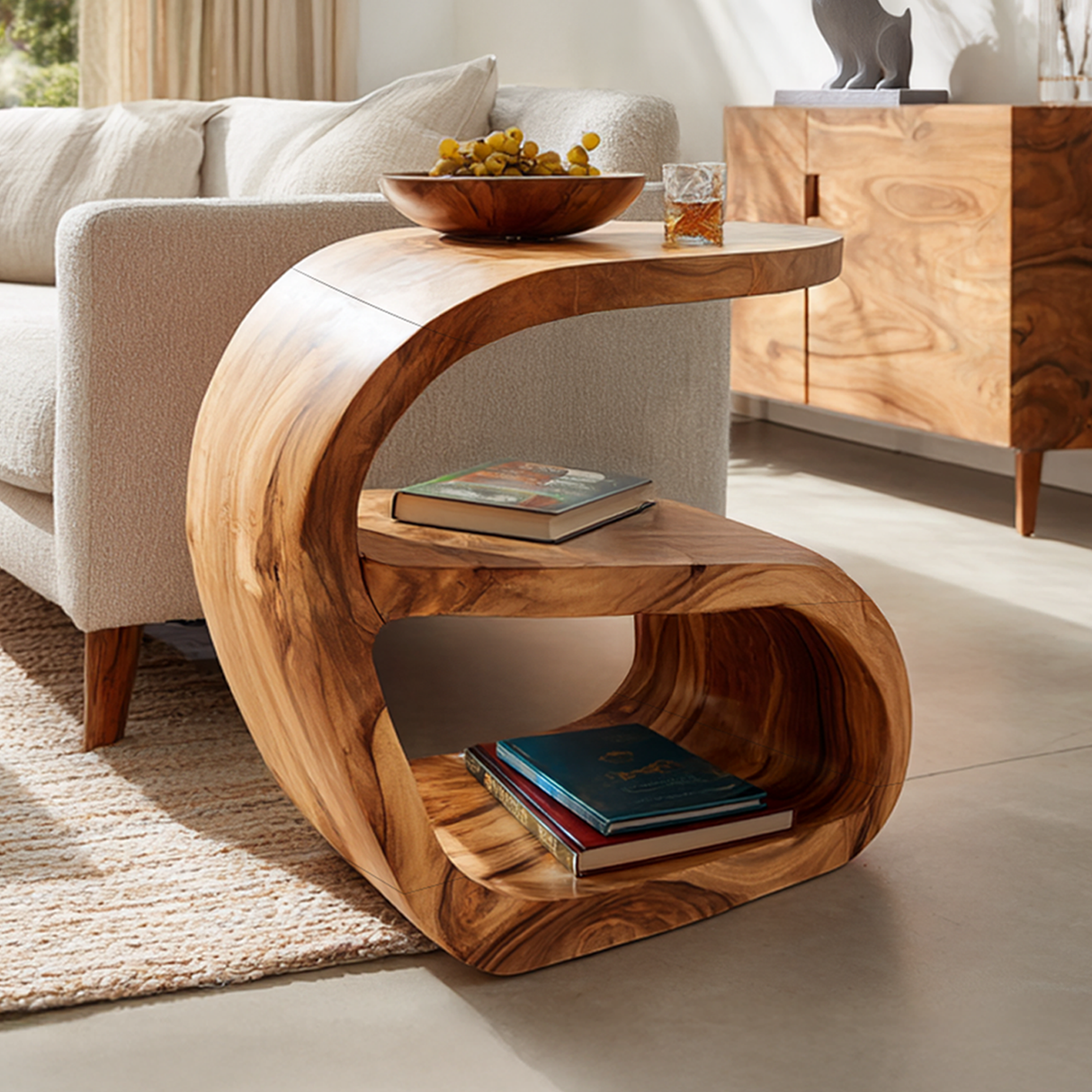Organic Solid Wood Side Table with Sculpted Curve for Modern Living
