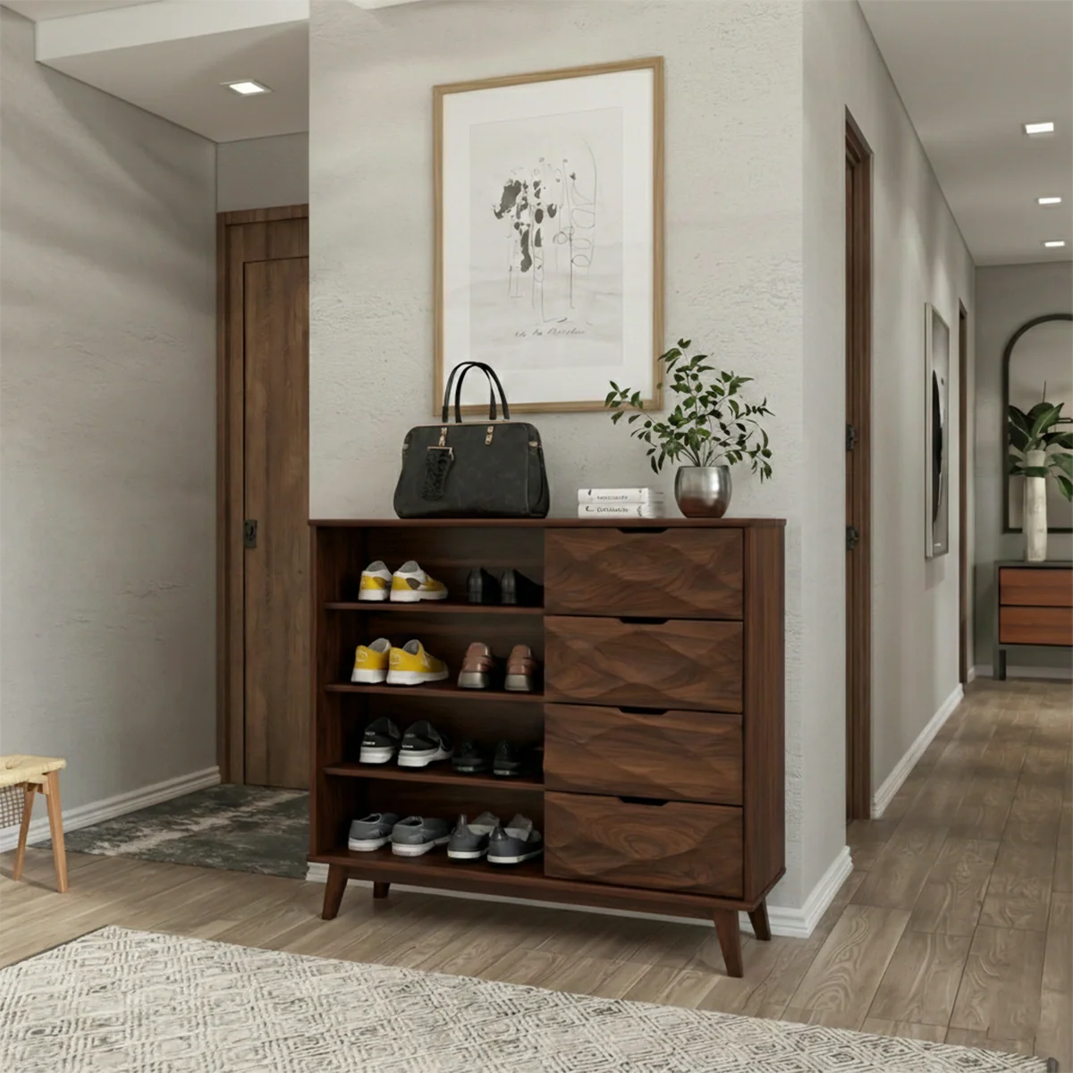 Solid Walnut Entryway Shoe Cabinet with Drawers & Open Shelving