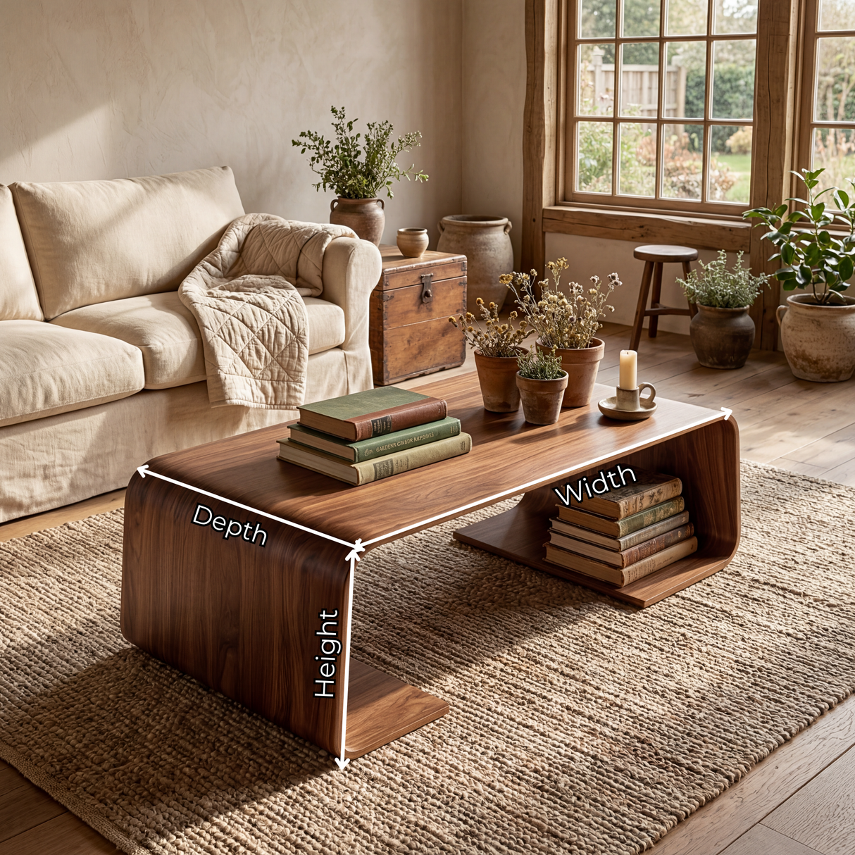 Solid Wood Coffee Table with Waterfall Form and Open Shelf