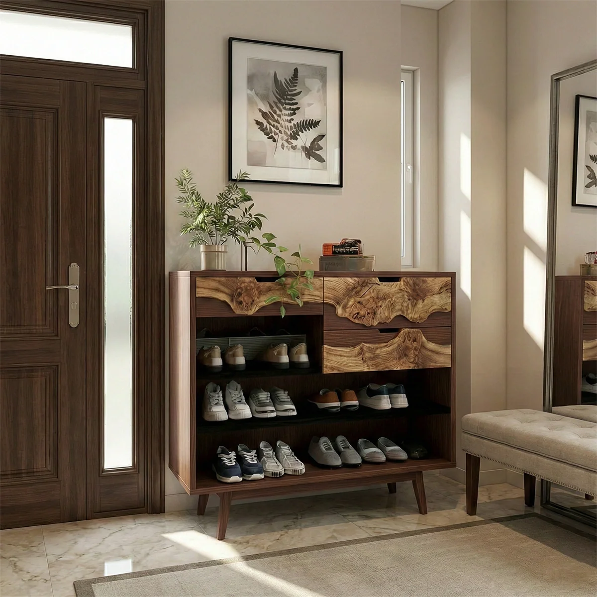 Live Edge Solid Wood Shoe Storage Cabinet for Organic Modern Entryway