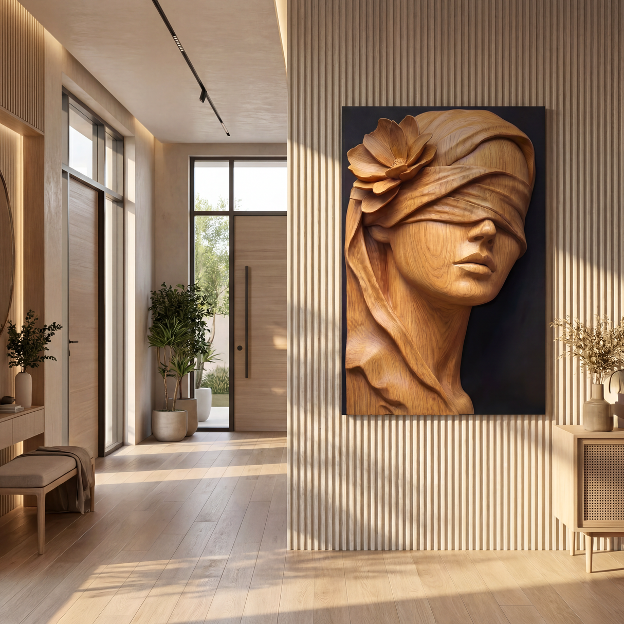 Golden Veil Bloom Wooden Relief Portrait Sculpture Wall Art