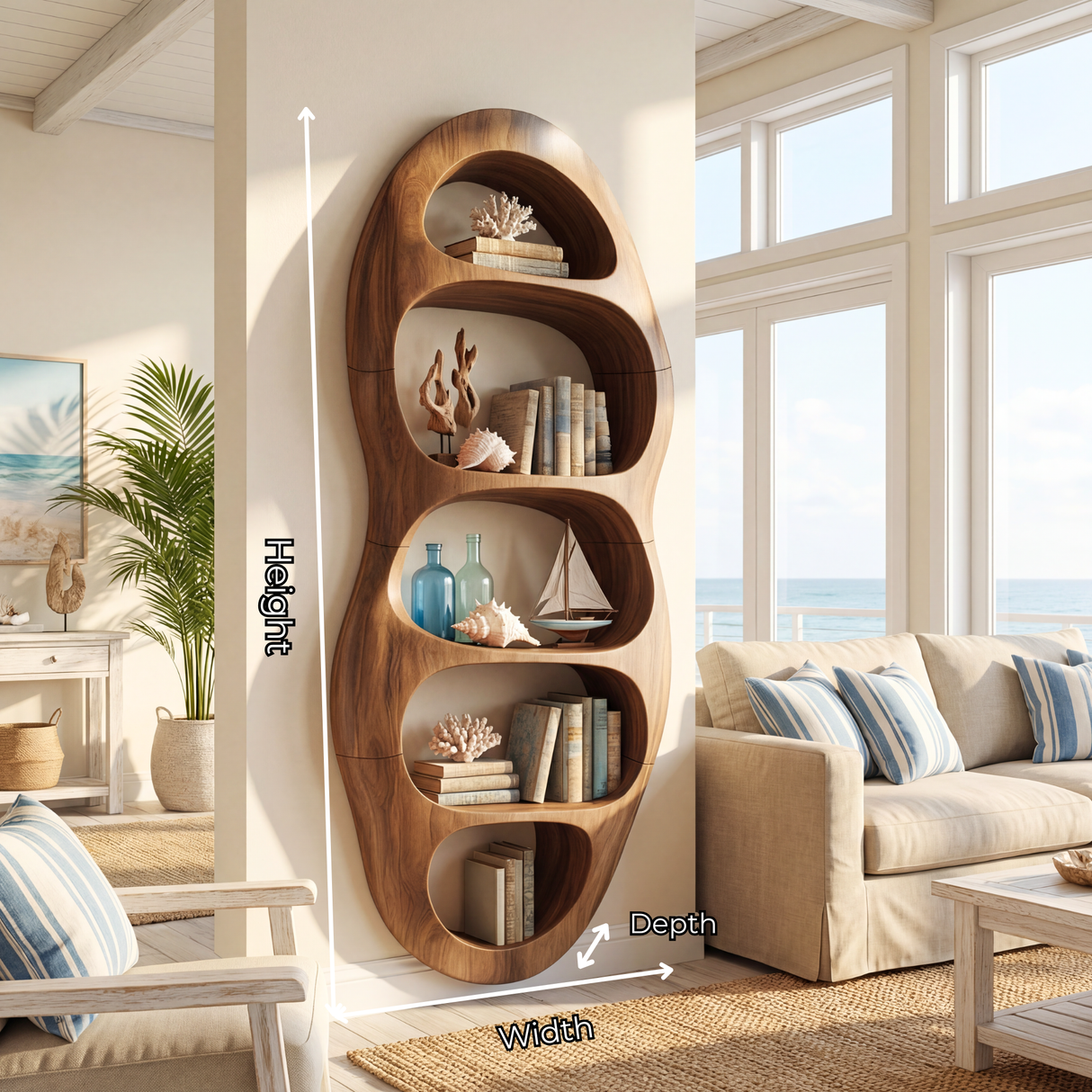 Vertical Organic Wood Bookcase with Sculpted Open Niches