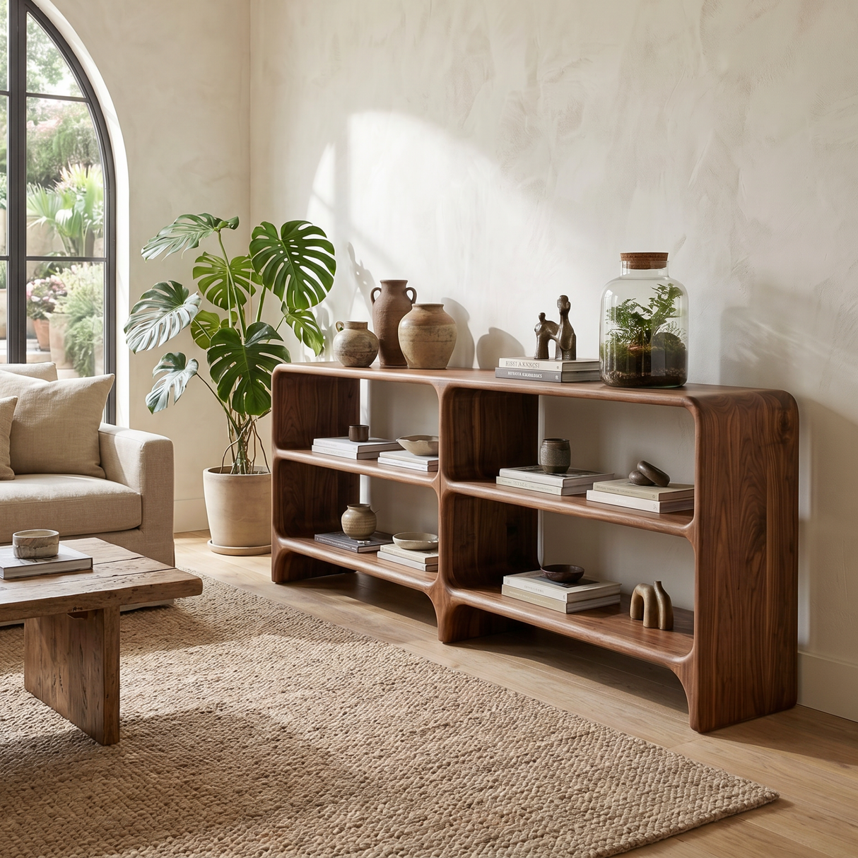 Solid Wood Low Display Console with Rounded Shelf Compartments