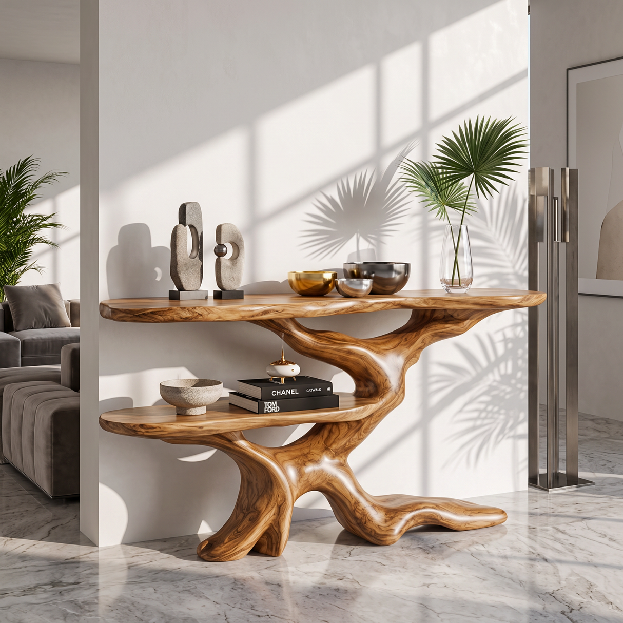 Console Table Solid Wood with Sculptural Branching Two Tier Base for Entryway Decor
