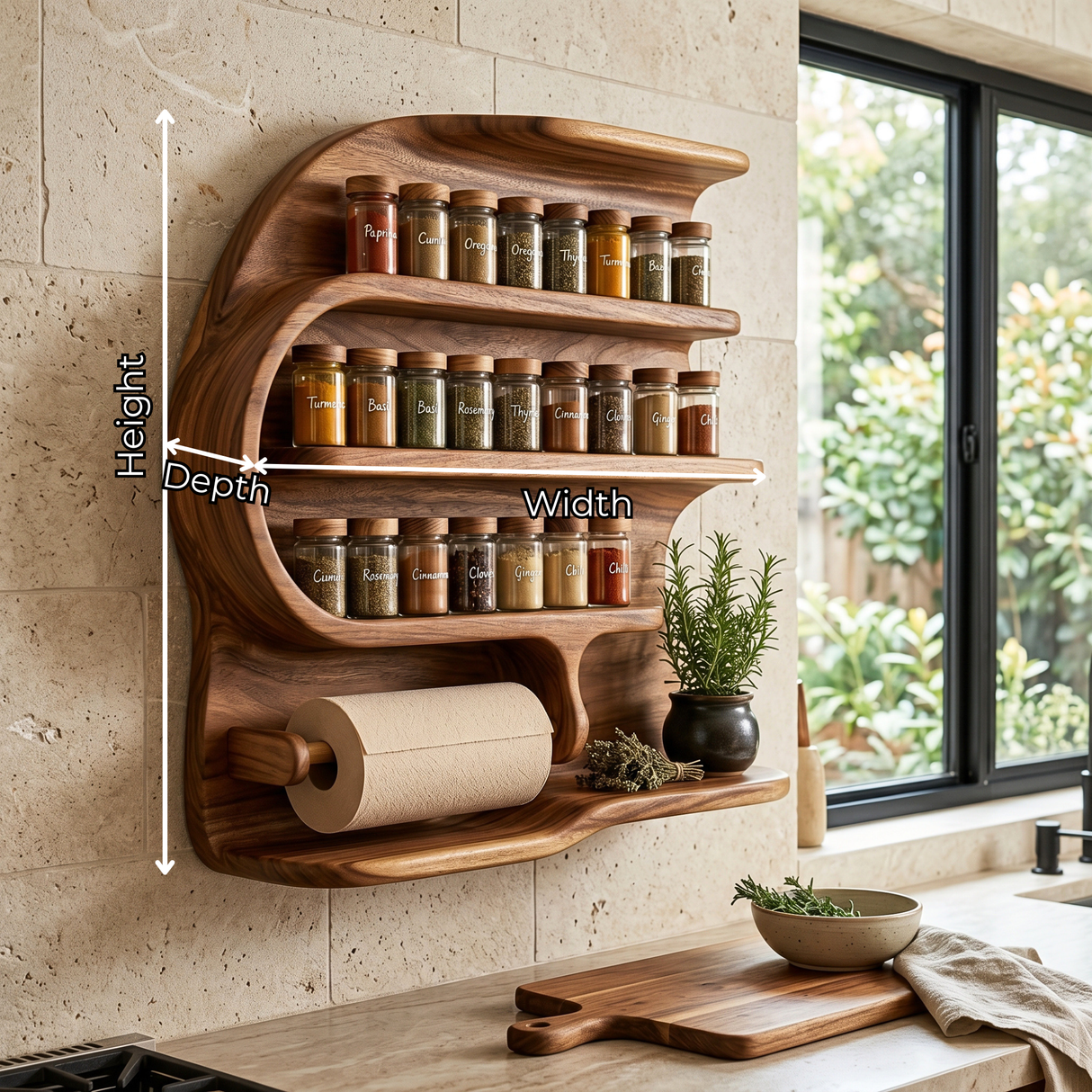 Sculptural Solid Wood Wall Spice Rack with Paper Towel Holder