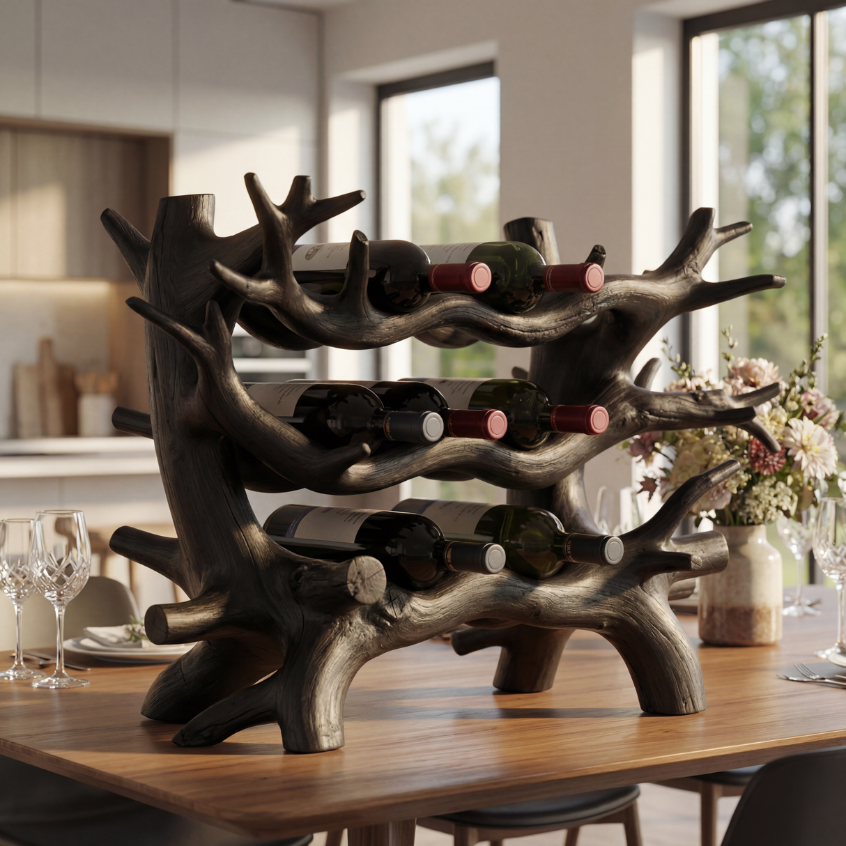 Organic Branch Style Solid Wood Wine Rack Sculptural Bottle Holder Multi Level Display