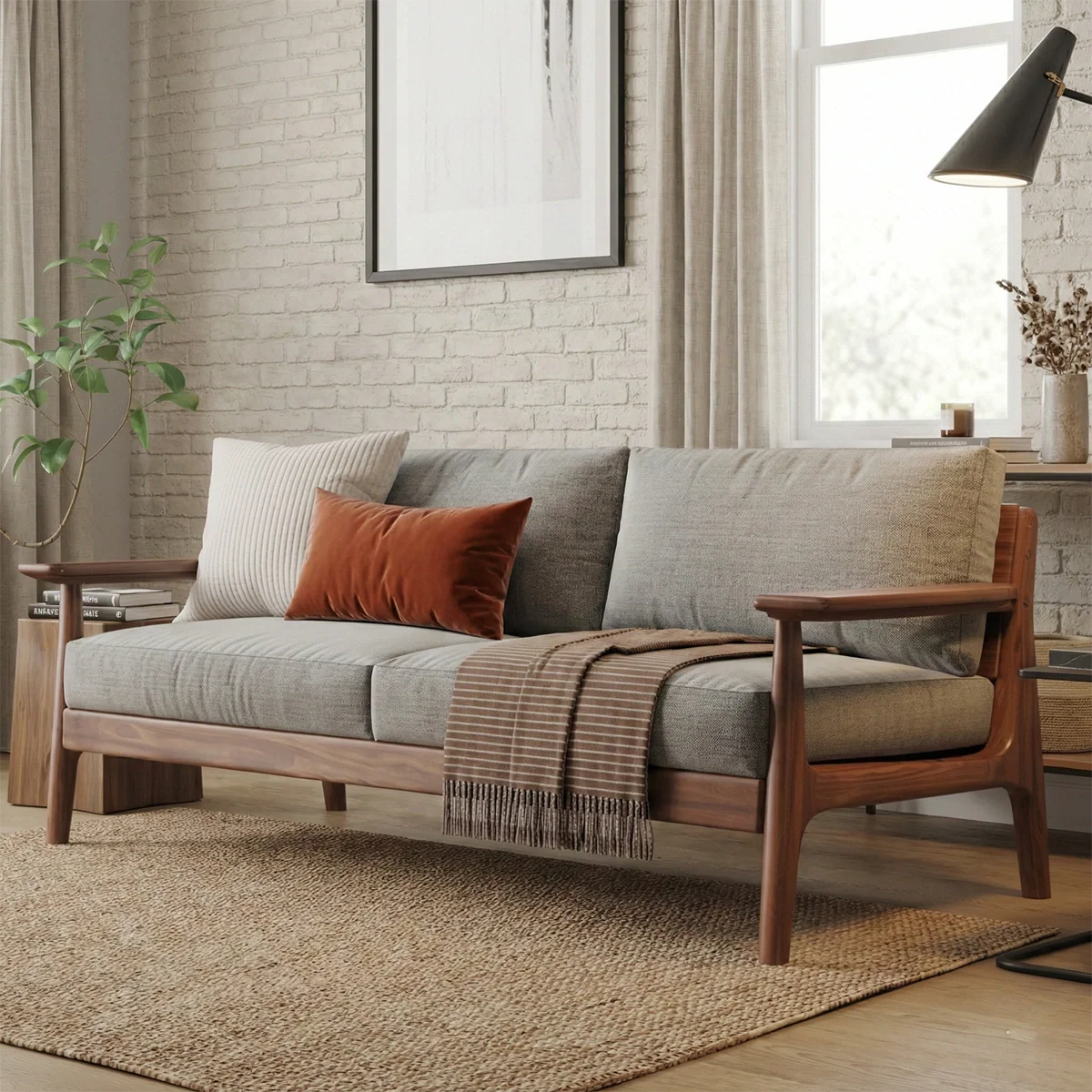 Modern Solid Wood Sofa Scandinavian Style Wooden Frame Couch with Upholstered Cushions