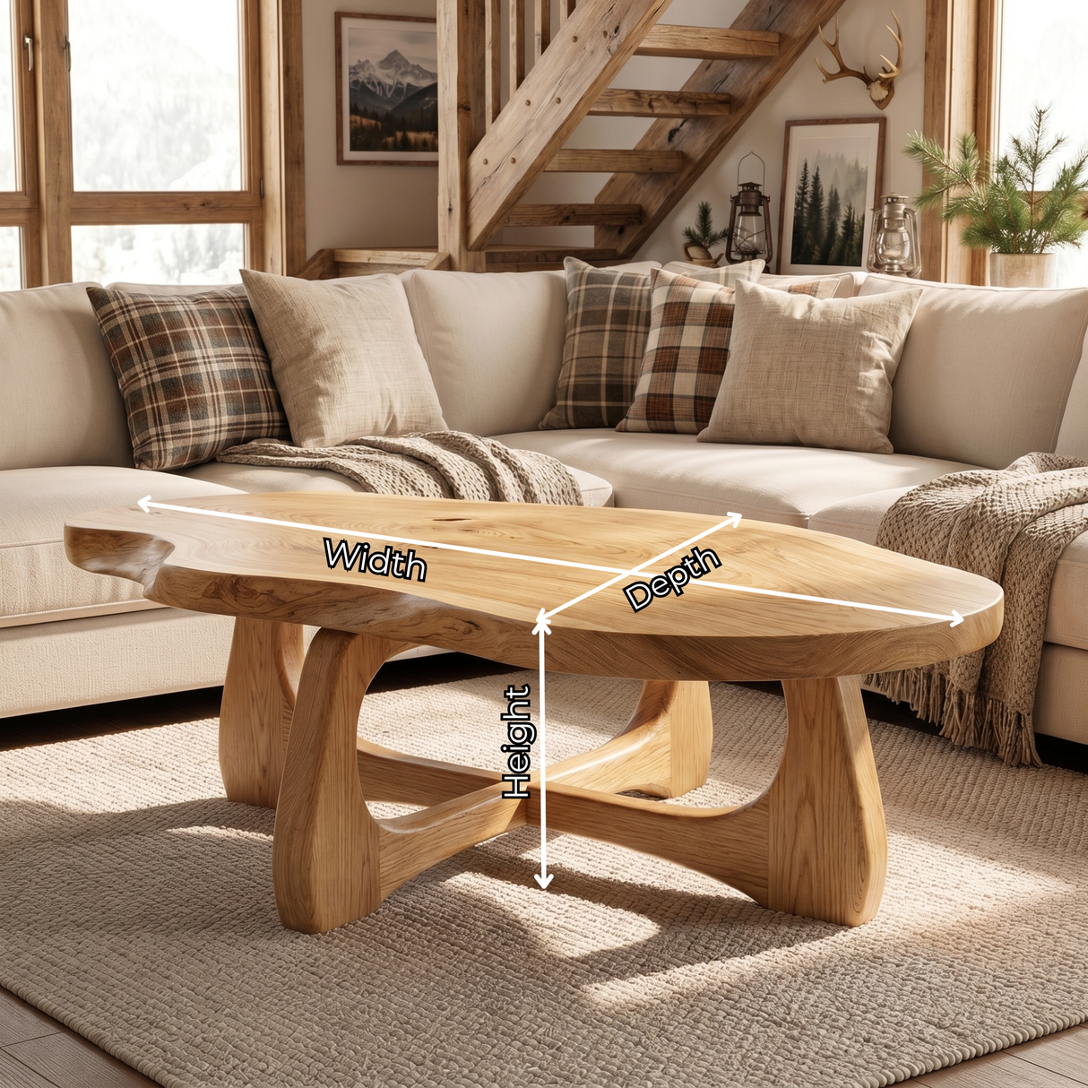 Live Edge Solid Wood Coffee Table with Sculptural Open Base