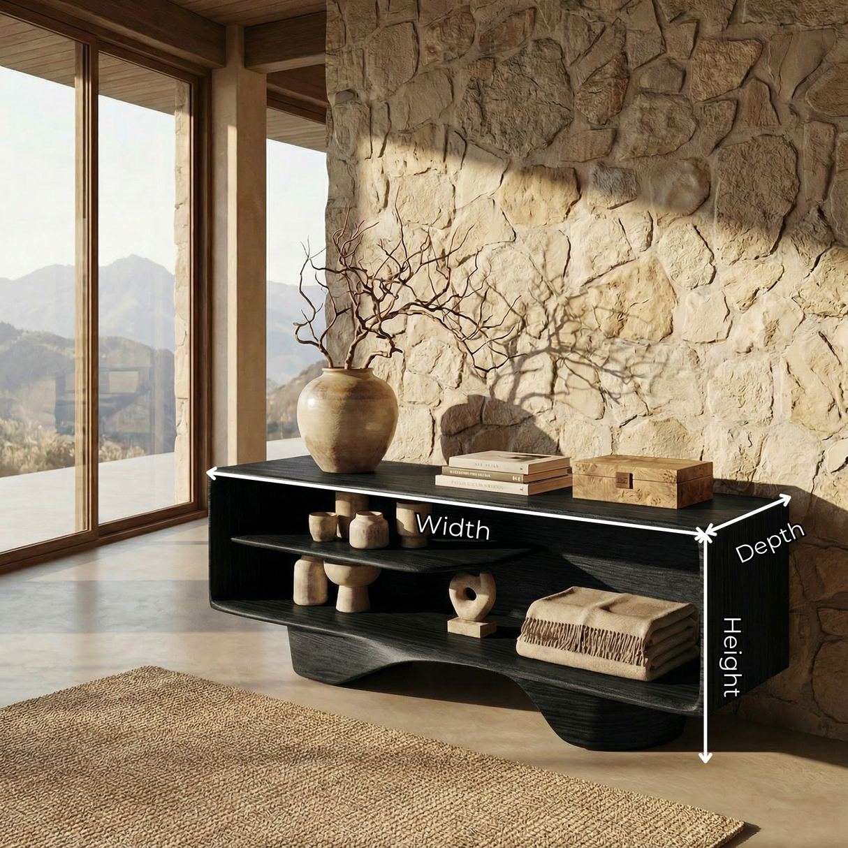 Gallery Style Solid Wood Media Console with Floating Wave Base, Minimalist TV Cabinet for Organic Modern Interiors