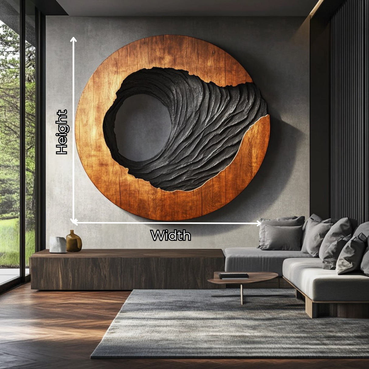 Oval Solid Wood Wall Art with Open Void and Black Carved Terrain Relief