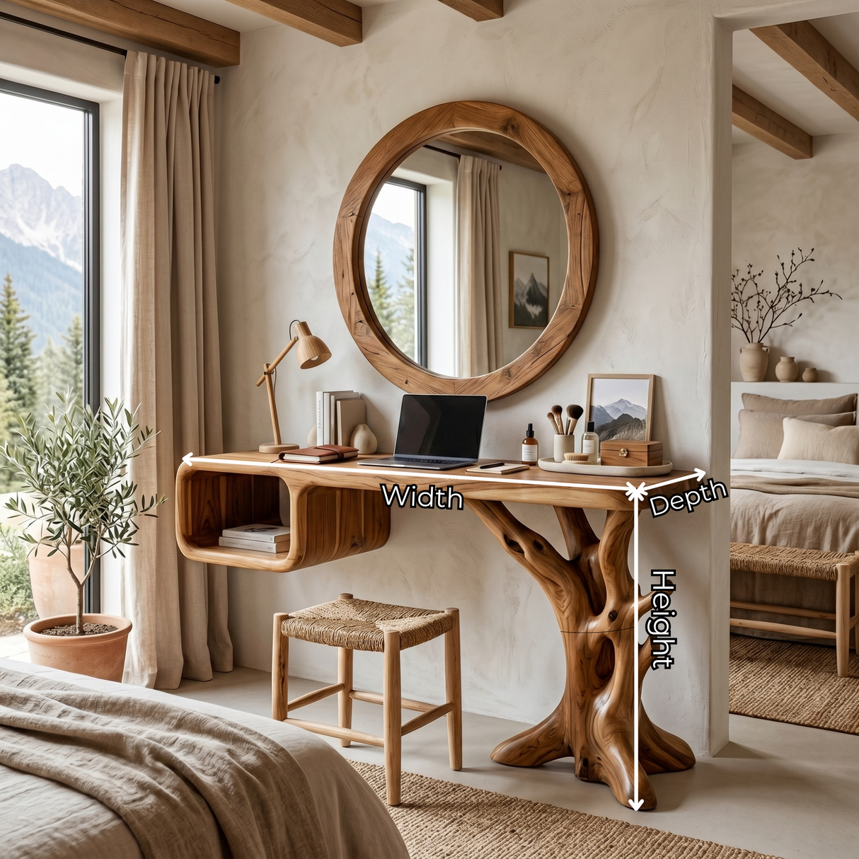 Handmade Solid Wood Vanity Table with Floating Cubby Shelf and Sculptural Tree Base