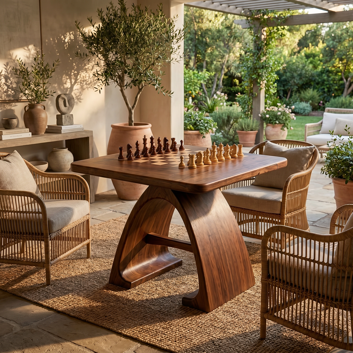 Handcrafted Solid Wood Chess Table with Arched Sculptural Pedestal Base