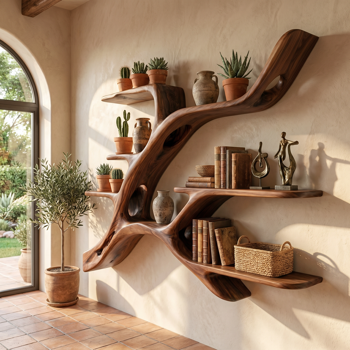 Organic Solid Wood Wall Shelf with Branch Inspired Display Design