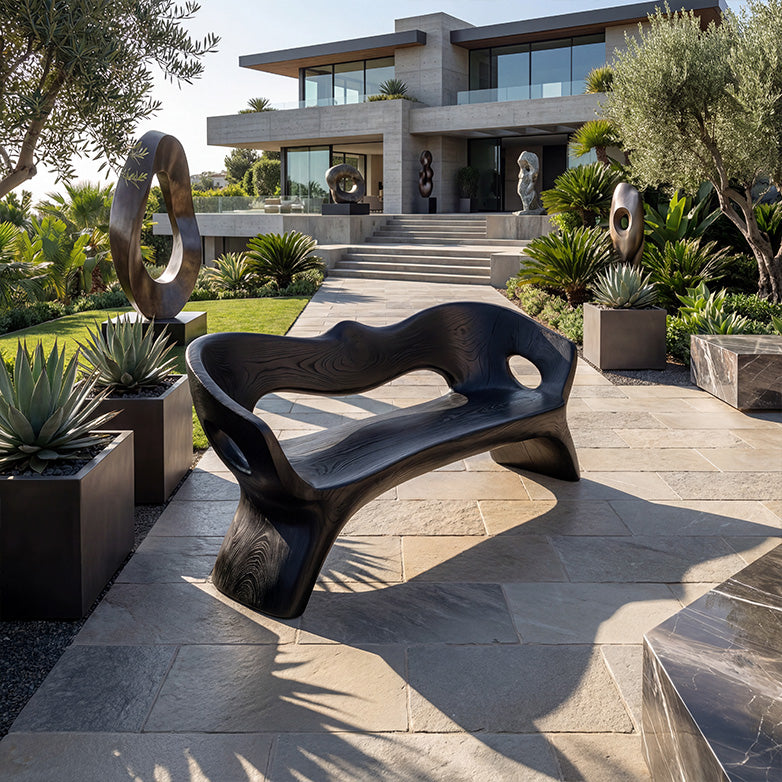 Sculptural Solid Wood Bench with Organic Carved Form