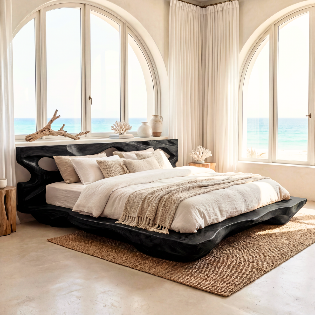 Sculptural Solid Wood Bed with Openwork Headboard and Low Platform Base