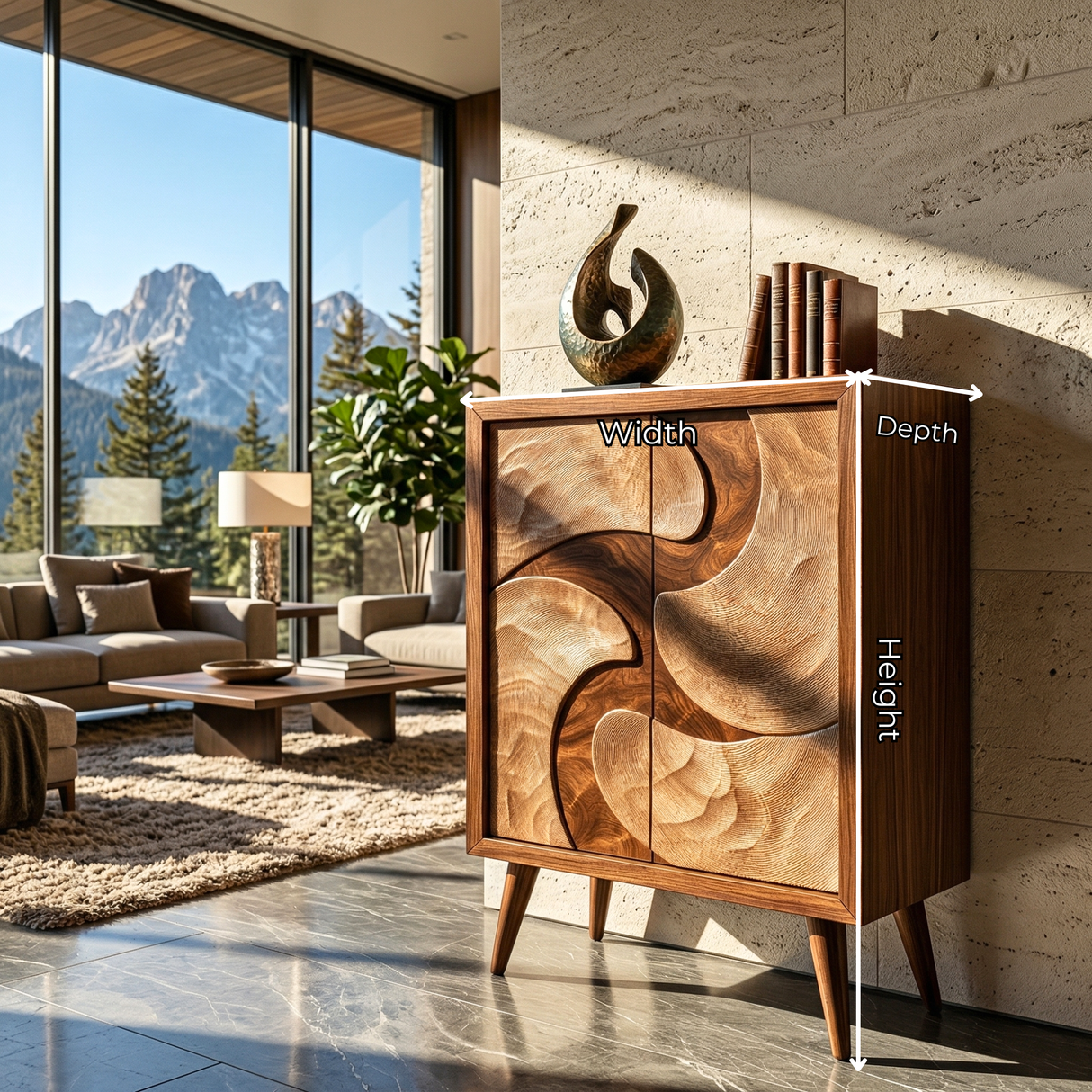 Solid Wood Sideboard with Sculptural Organic Relief Doors for Modern Living Spaces