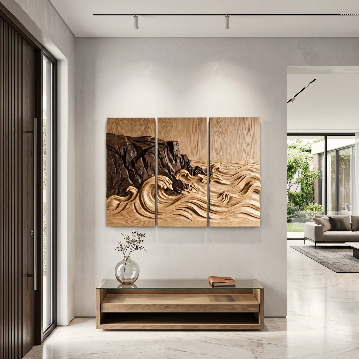 Carved Ocean Wave Triptych Wood Wall Art