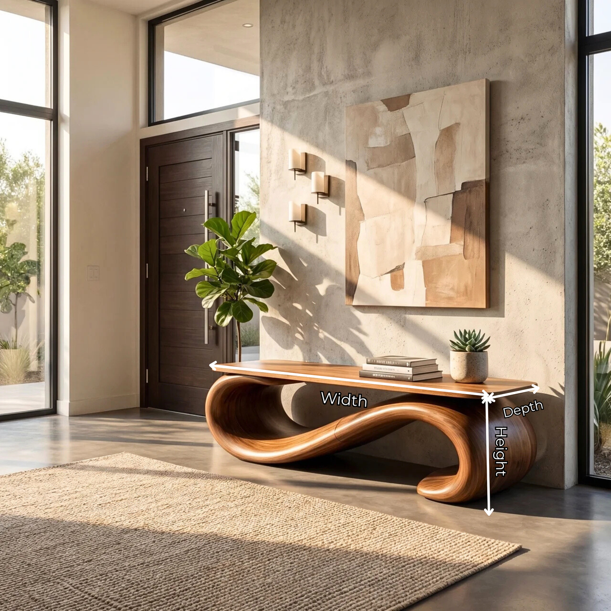 Organic Wood Bench with Sculptural Loop Base for Modern Interiors