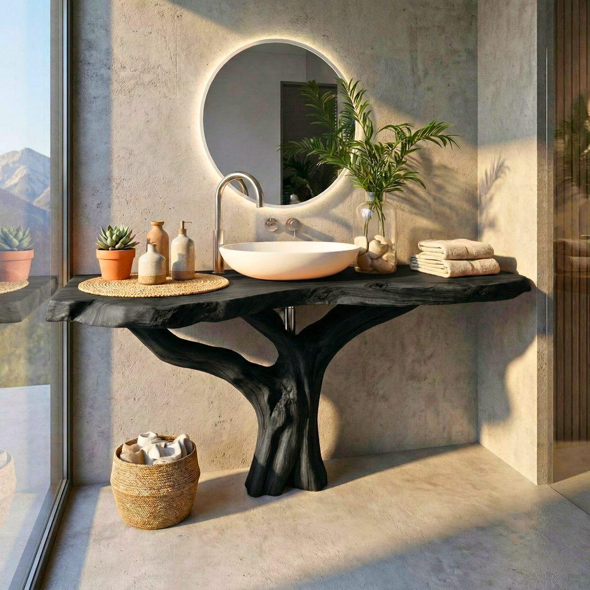 Handcrafted Solid Wood Bathroom Vanity with Sculptural Root Base