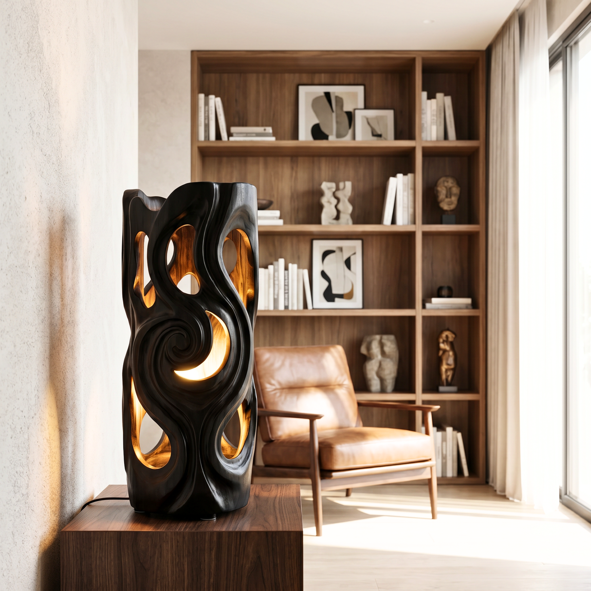 Carved Swirl Wood Table Lamp with Organic Cutouts