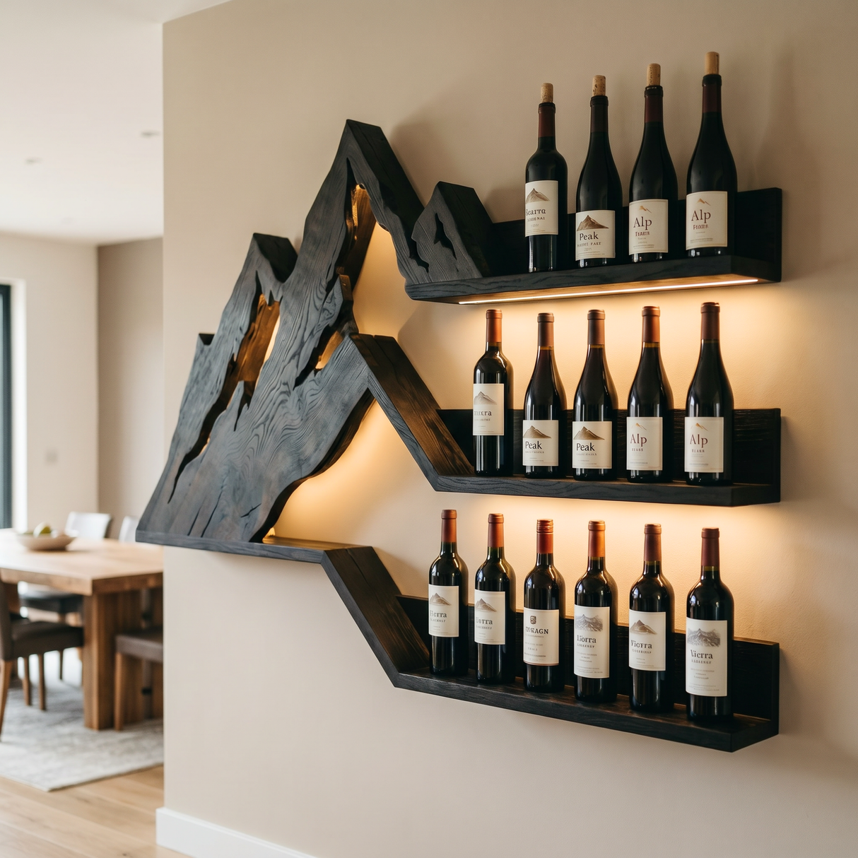 Mountain Range Inspired Solid Wood Wine Rack Wall Shelf