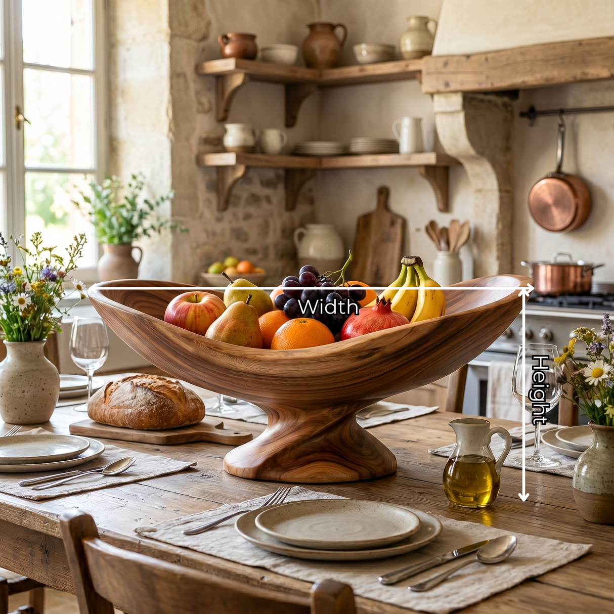 Solid Wood Boat-Shaped Fruit Bowl with Low Sculptural Pedestal Base
